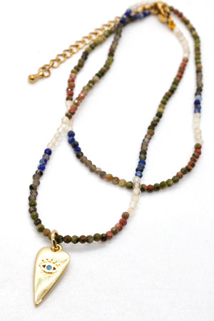 Evil Eye Heart Charm on Faceted Semi Precious Stone Necklace